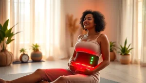 Woman using a red light therapy belt in a cozy wellness space to improve skin and muscle health.