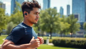 Experience the Bone X1 Bone Conduction Headphones as an athlete enjoys their run in a vibrant urban park.