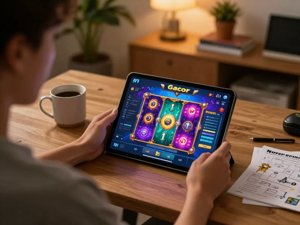 Engaging gameplay on a slot gacor tablet in a cozy home setting, showcasing responsible gaming