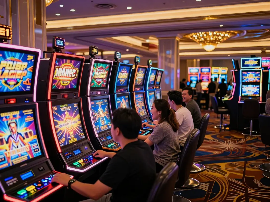 Players enjoying vibrant FC88 slot machines in a lively casino atmosphere