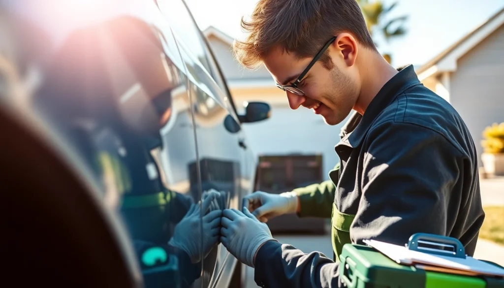 Mobile car repair technician expertly fixing a vehicle in a suburban driveway setting, showcasing convenience.