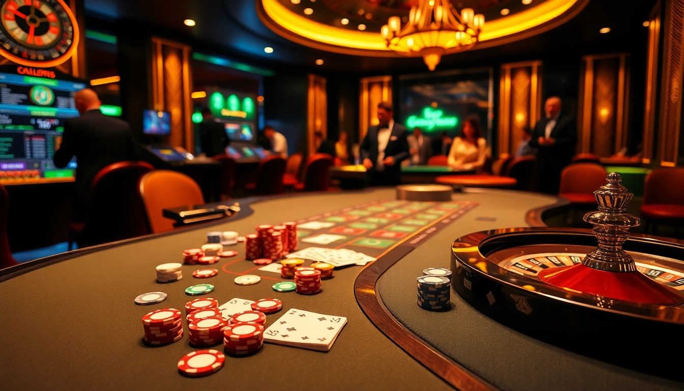 Exciting casino atmosphere showcasing NK88 with poker chips and a roulette wheel for immersive gambling.