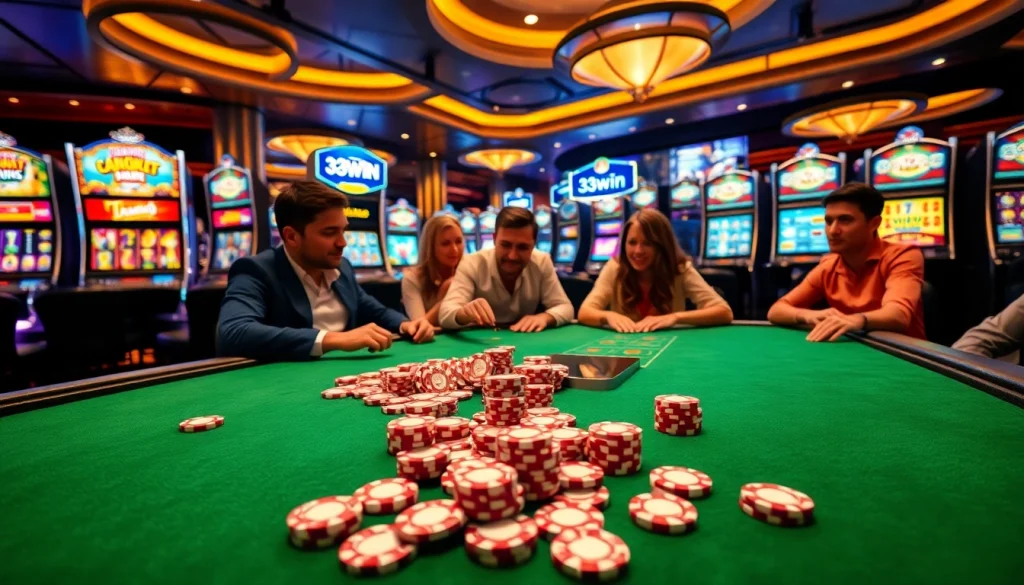 Gamblers celebrating a win at a 33win poker table in a luxurious casino setting.