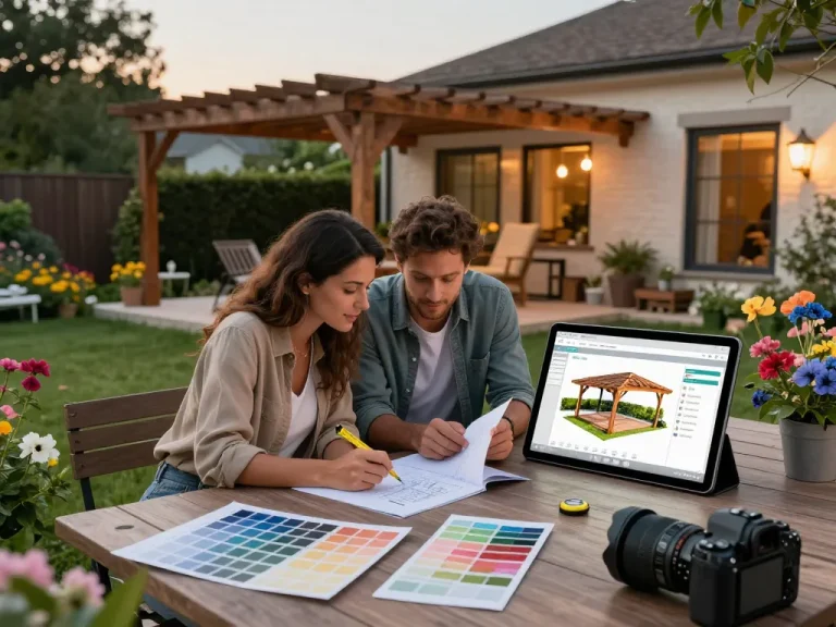 Couple using pergola configurator software outdoors to design their custom pergola.