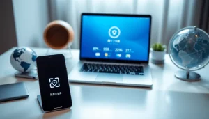 在一台时尚笔记本上展示的快连下载应用界面，突出无缝连接。