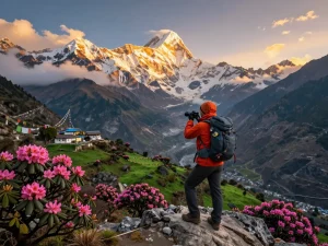 Traveler experiencing the beauty of the Annapurna Circuit Trek at sunrise, capturing stunning Himalayan views.