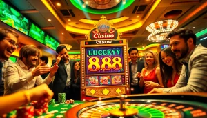 Experience the thrill of the Lucky88 slot machine in a vibrant and luxurious casino setting.