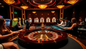 Immerse in a 123hero casino scene with players eager at roulette and poker tables, evoking excitement.