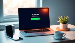 在现代工作空间的笔记本电脑上显示的快连 VPN 界面，突出其用户友好的连接性。