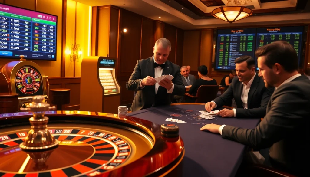 Experience high-stakes gaming at U888 with luxurious casino tables and vibrant slot machines.