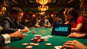 High-stakes gameplay featuring u888 poker chips and elegant cards in a luxurious casino setting.
