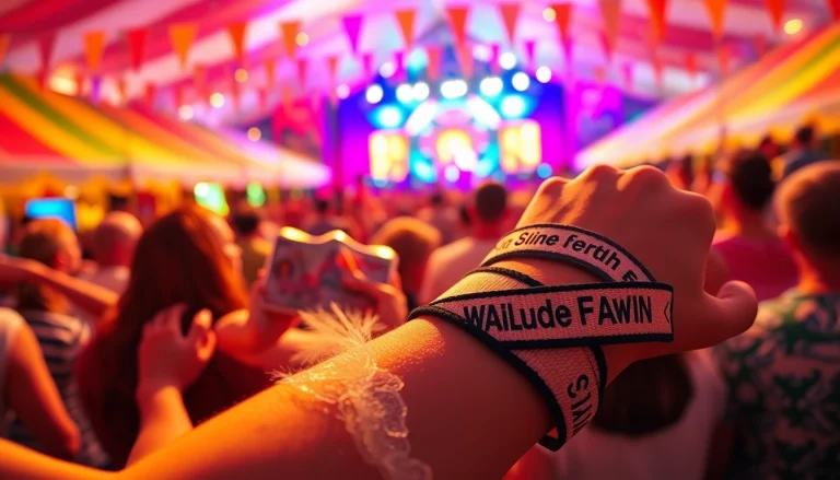 Personalisierte Festival-Stoffarmbänder – Einlassbänder bei einem lebhaften Festival mit leuchtenden Farben.
