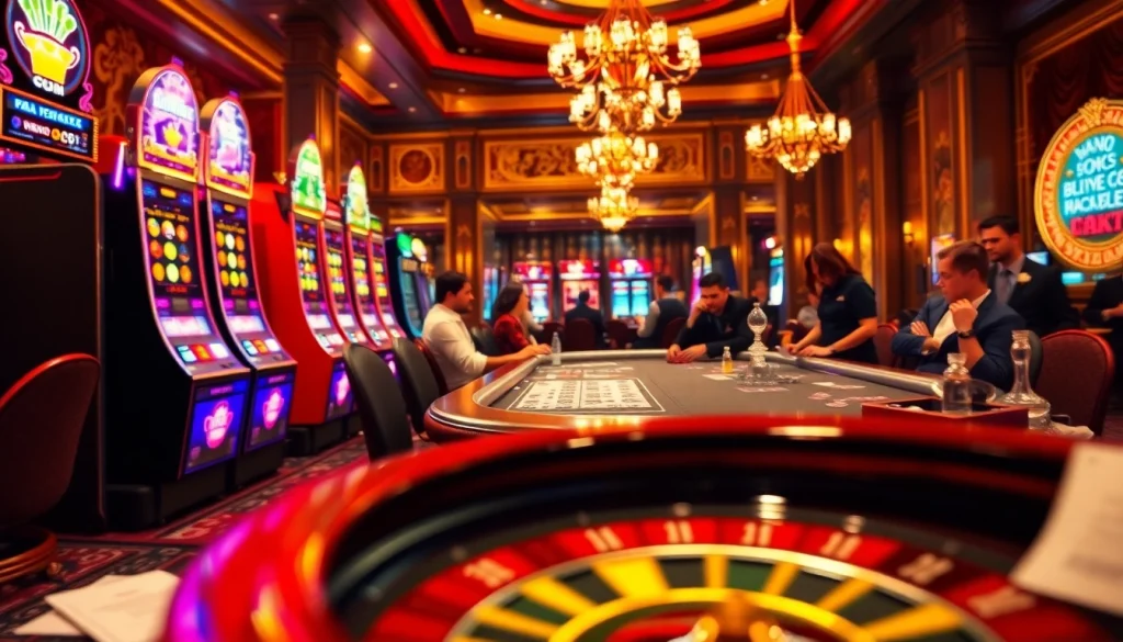 Experience the thrill of sunwin with players at a poker table and vibrant slots in a luxe casino setting.