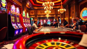 Experience the thrill of sunwin with players at a poker table and vibrant slots in a luxe casino setting.