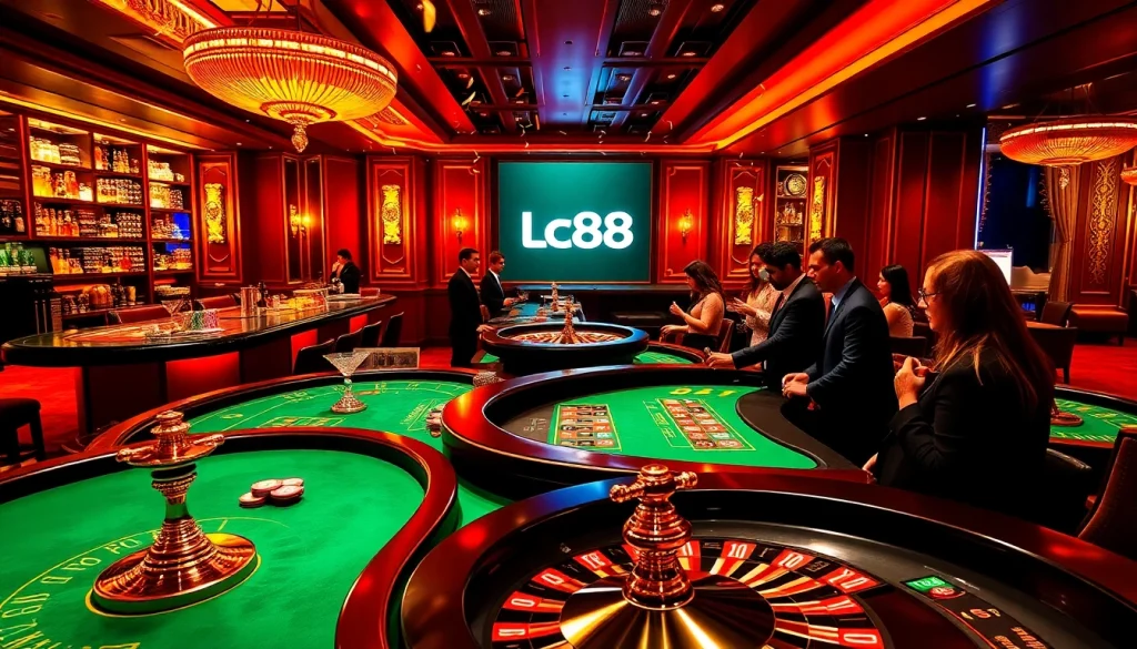 Players enjoying a thrilling game at LC88 casino tables, highlighting an exciting gambling atmosphere.