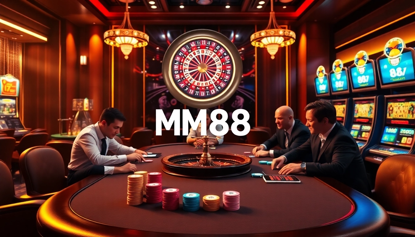 High-stakes poker action at MM88 casino featuring colorful chips and a vibrant roulette wheel.