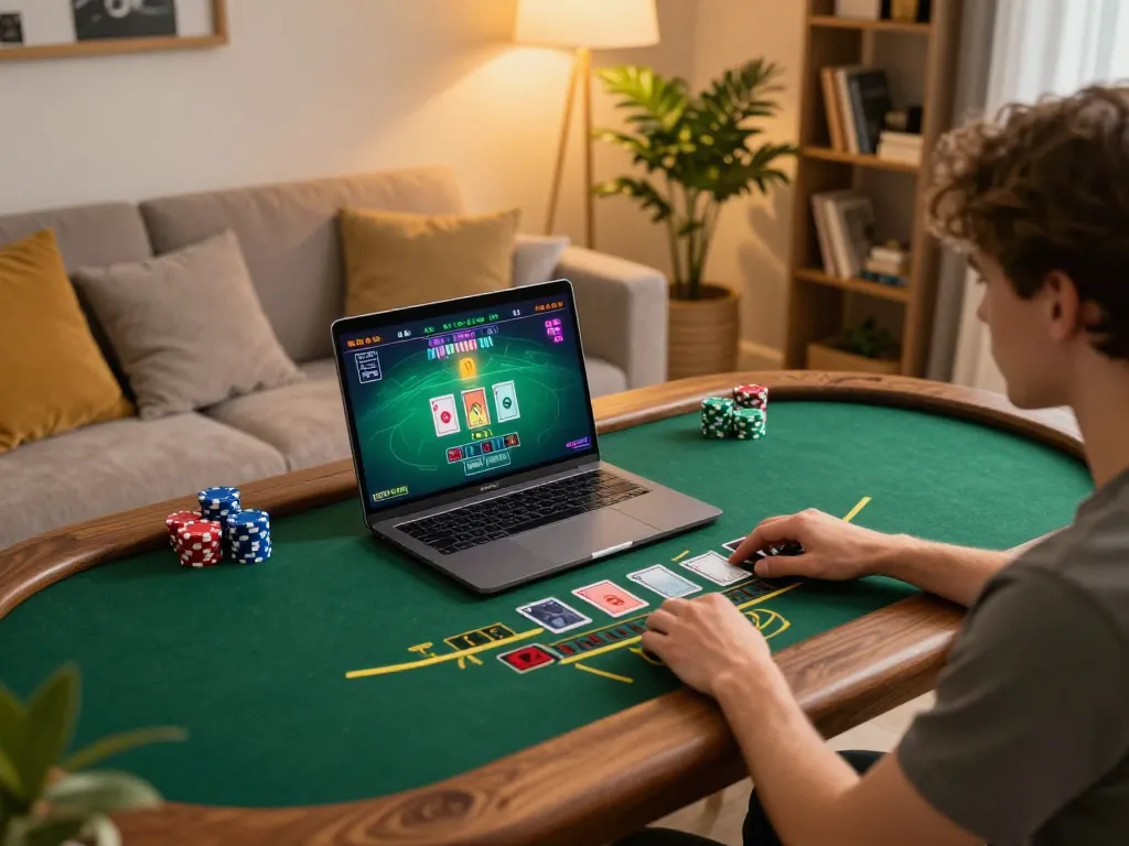 Player engaging in live dealer blackjack online at home using Mesingg for enhanced gaming experience.