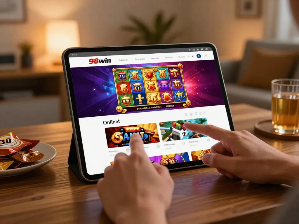 Engage with 98win's slot games on a smartphone in a cozy home setting