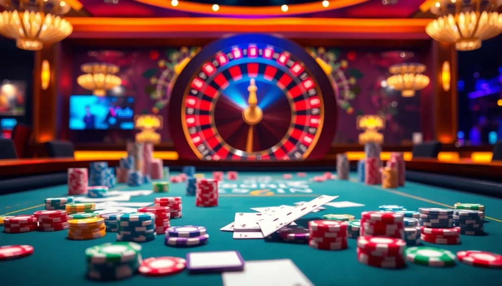 VK88 casino excitement with vibrant poker chips and elegant gaming tables displayed in action.