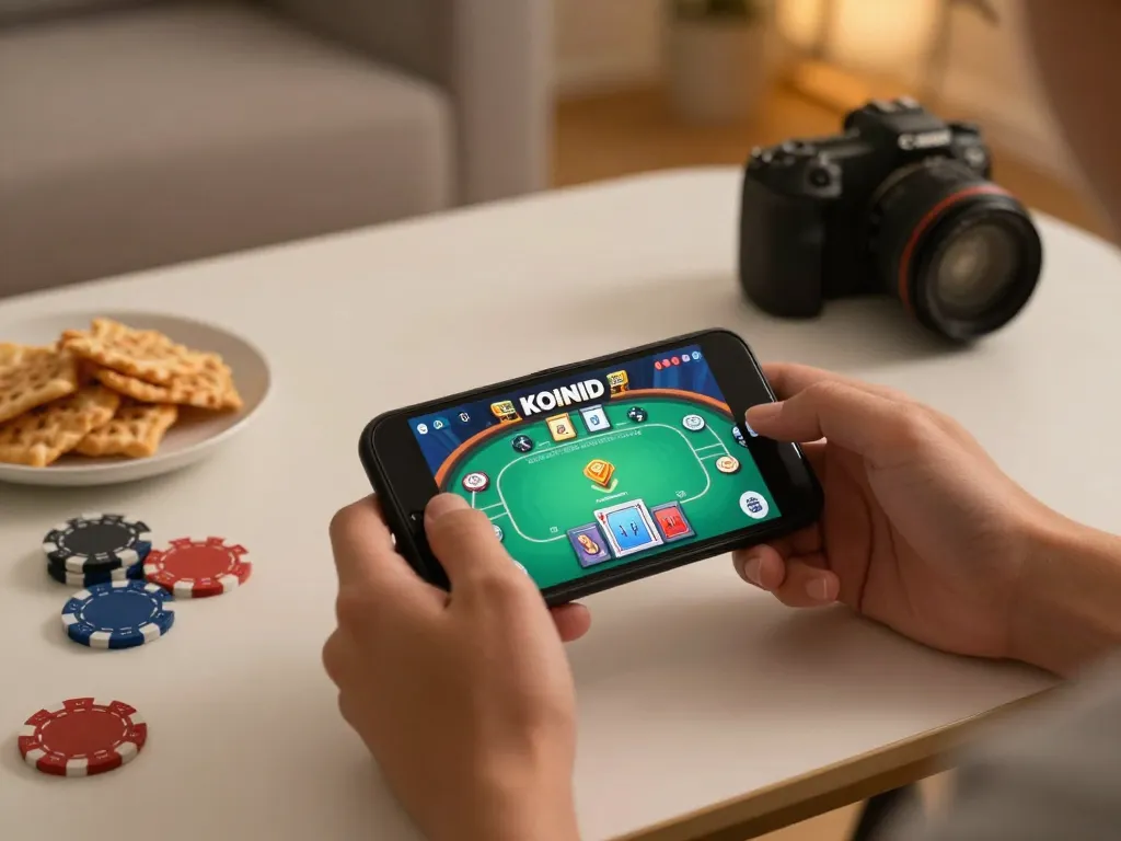 KOINID online card gaming on smartphone with vibrant poker interface and cozy ambiance.