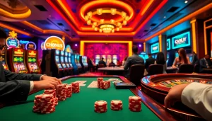 Experience thrilling gameplay at https://xx88.directory with a casino table and engaged players.