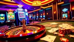 Experience NK88's vibrant casino atmosphere with lively tables, poker chips, and spinning roulette wheels.