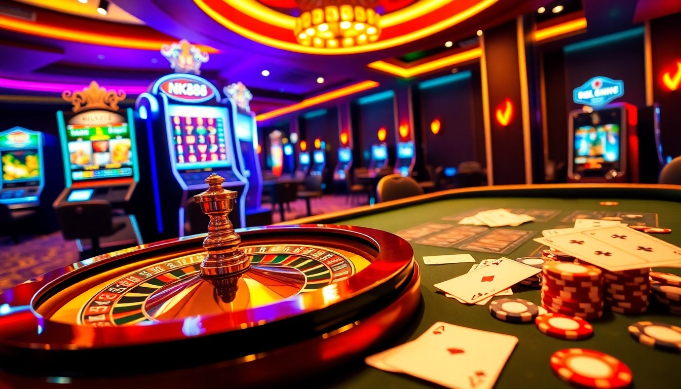 Experience NK88's vibrant casino atmosphere with lively tables, poker chips, and spinning roulette wheels.