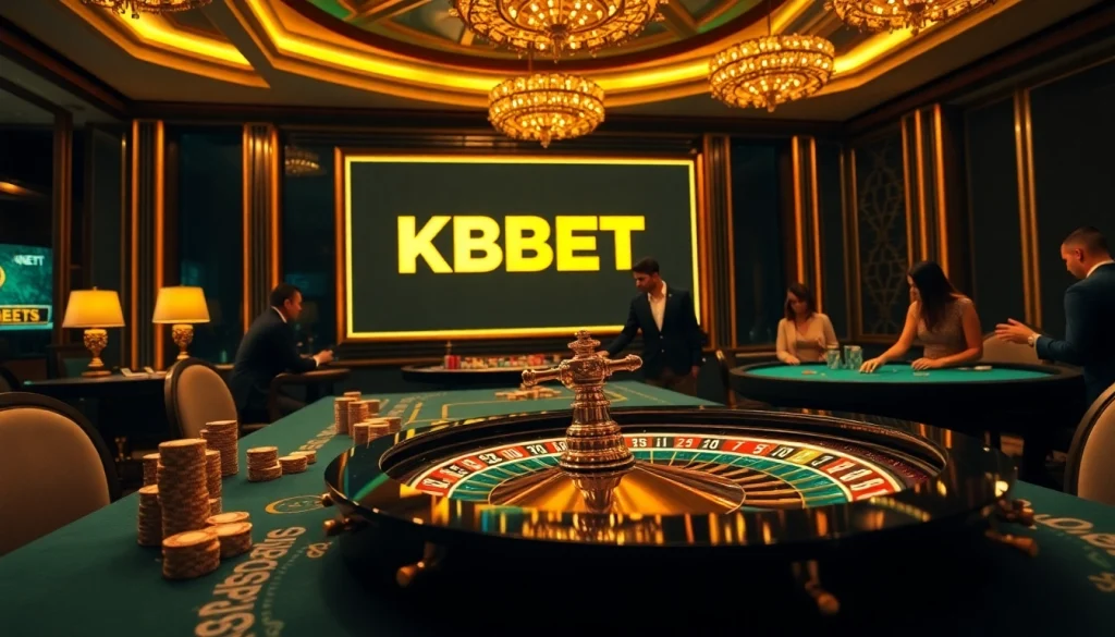 KBBET players engage in a thrilling game at a luxurious casino table, showcasing excitement and betting action.