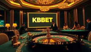 KBBET players engage in a thrilling game at a luxurious casino table, showcasing excitement and betting action.