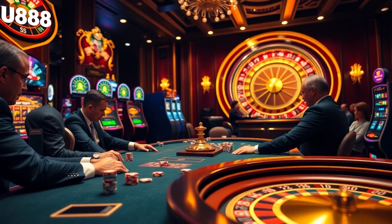 Experience the thrill at U888's luxurious casino, featuring vibrant slot machines and a high-stakes poker table.