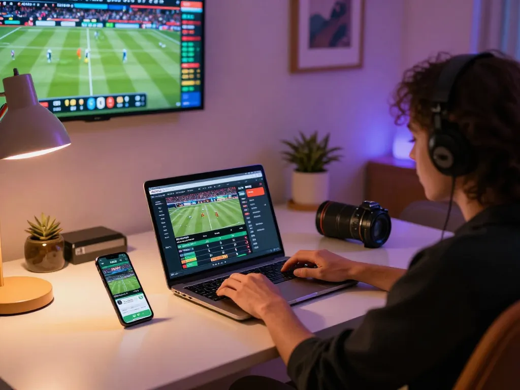Engaging with SHBET's sports betting platform at home with live updates and betting features.