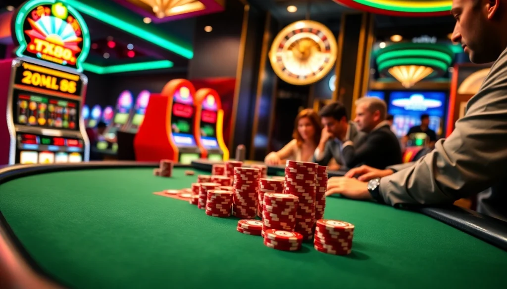 TX88 casino scene featuring poker players and vibrant slot machines, highlight of gambling excitement.