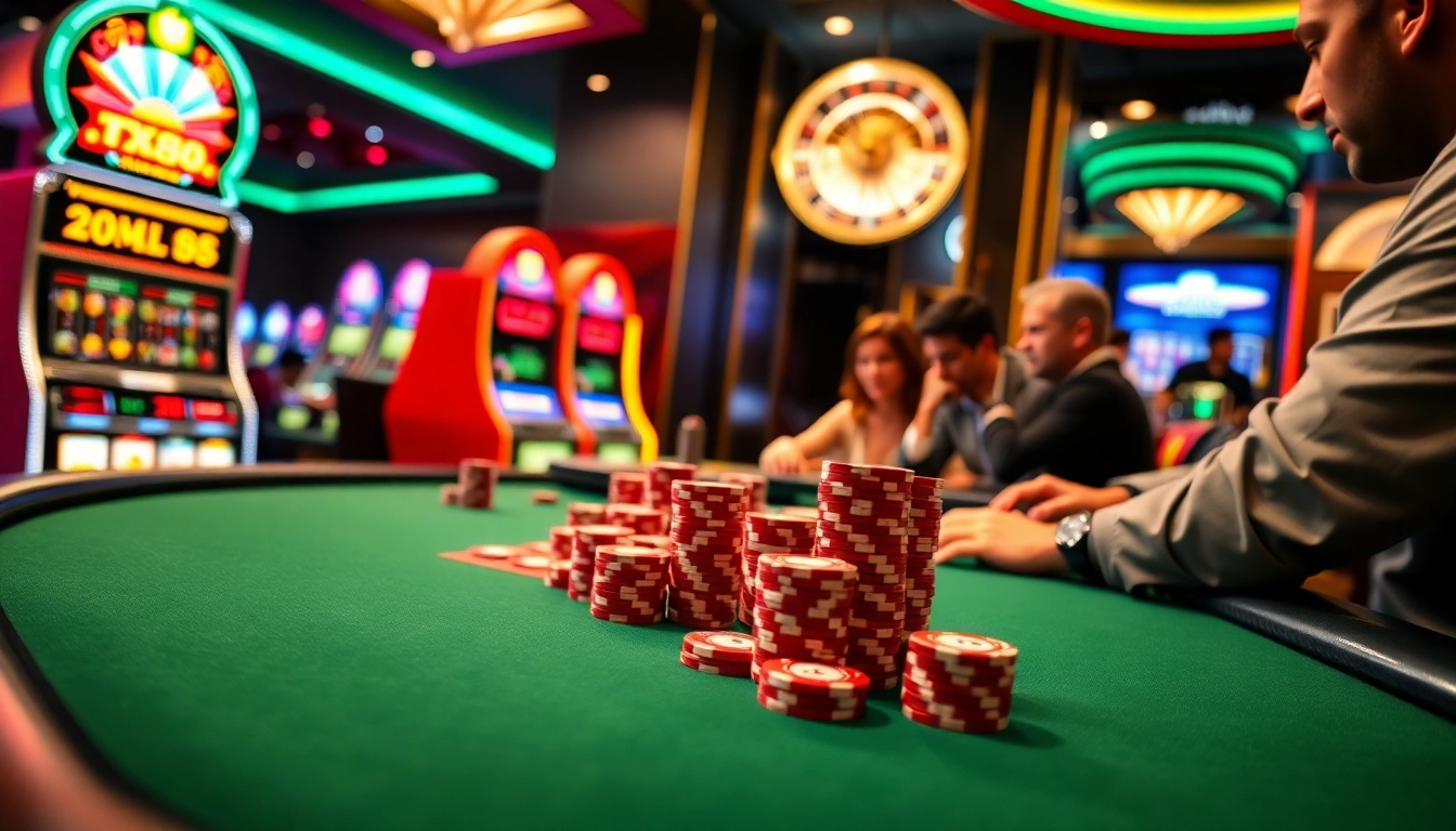 TX88 casino scene featuring poker players and vibrant slot machines, highlight of gambling excitement.