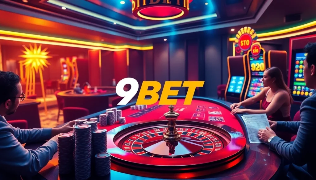 9BET players engaging at a vibrant casino table with poker chips and a roulette wheel.