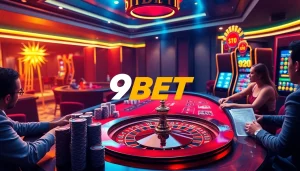 9BET players engaging at a vibrant casino table with poker chips and a roulette wheel.