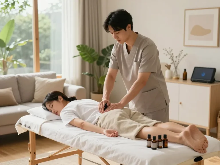 Relaxing 부천 출장마사지 in a serene home setting with soothing decor and professional therapist.