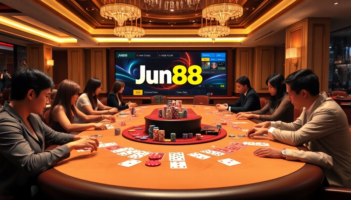 Experience the thrill of high-stakes poker at Jun88's luxurious casino setting.