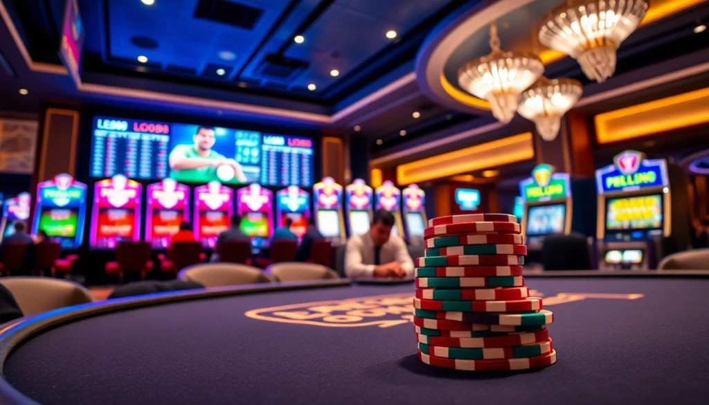 LEO88 poker players engaged in an exciting game with colorful chips stacked on the table.