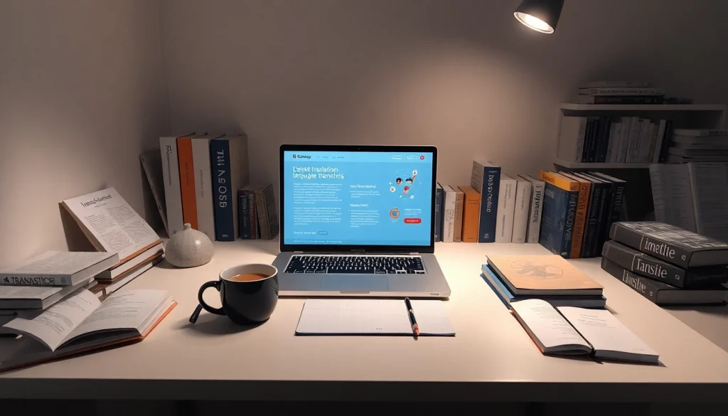 Workspace showcasing 有道翻译 interface with books and a laptop, reflecting professionalism in translation services.