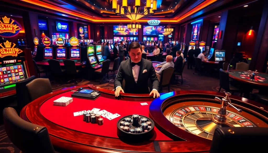 Play exciting games at 789BET's luxurious casino, featuring vibrant slot machines and poker tables.