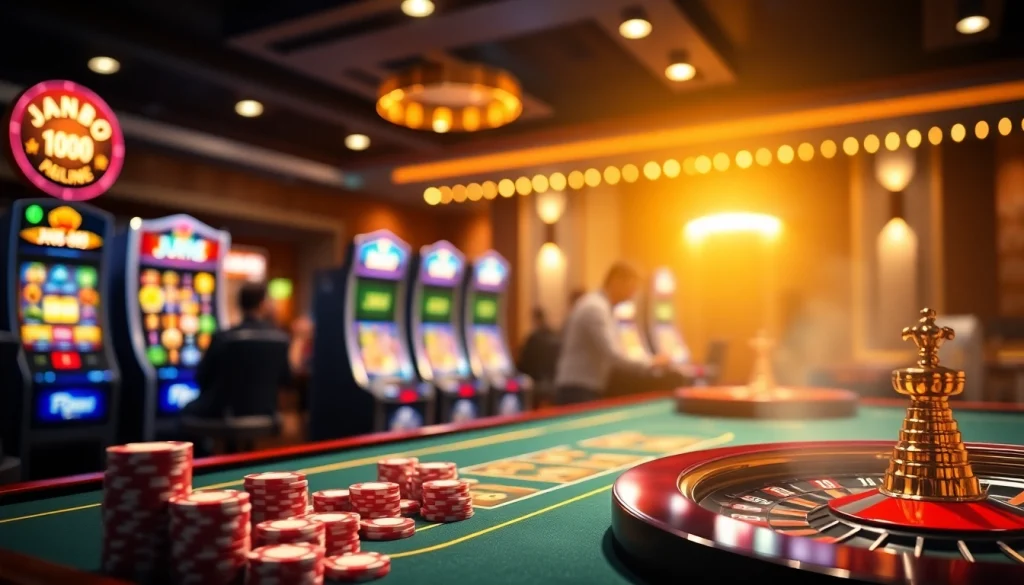 Engaging Jun88 online casino scene with players enjoying poker, slot machines, and roulette.