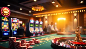 Engaging Jun88 online casino scene with players enjoying poker, slot machines, and roulette.