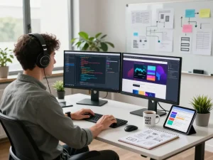 Developer coding in a modern workspace, focusing on website development with dual monitors and sketches.