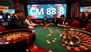 Engaging in high-stakes poker, players utilize CM8888 technology at a luxurious casino table.