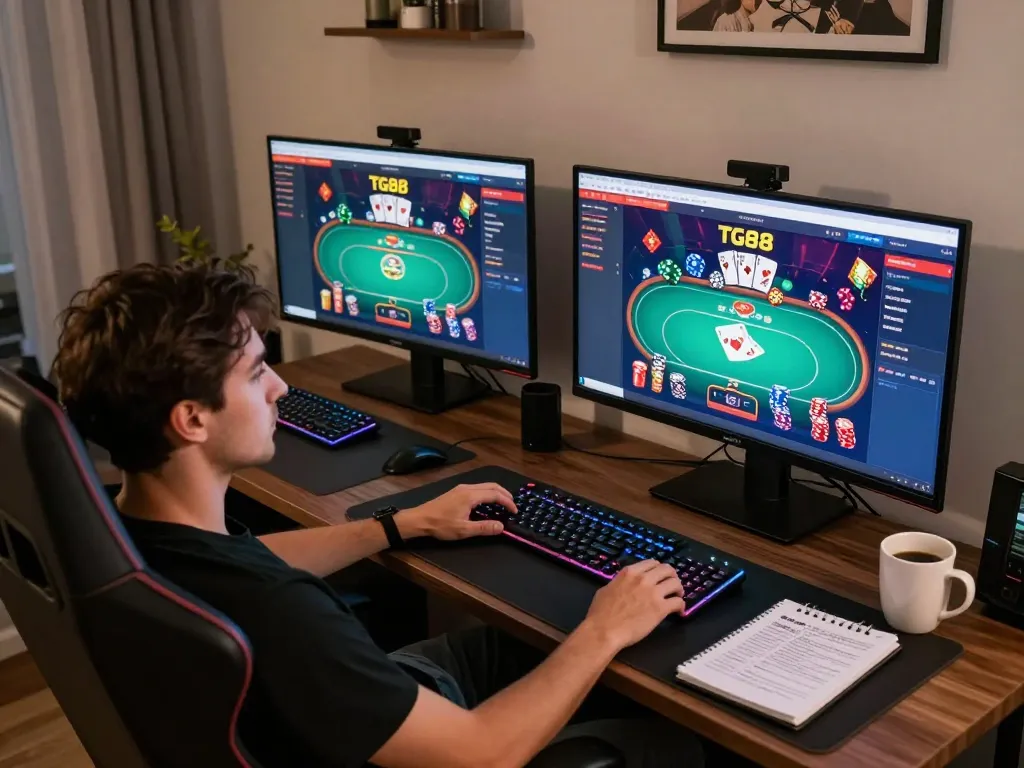 Engaging online gaming experience with TG88 casino interface on multiple screens, showcasing strategic gameplay.