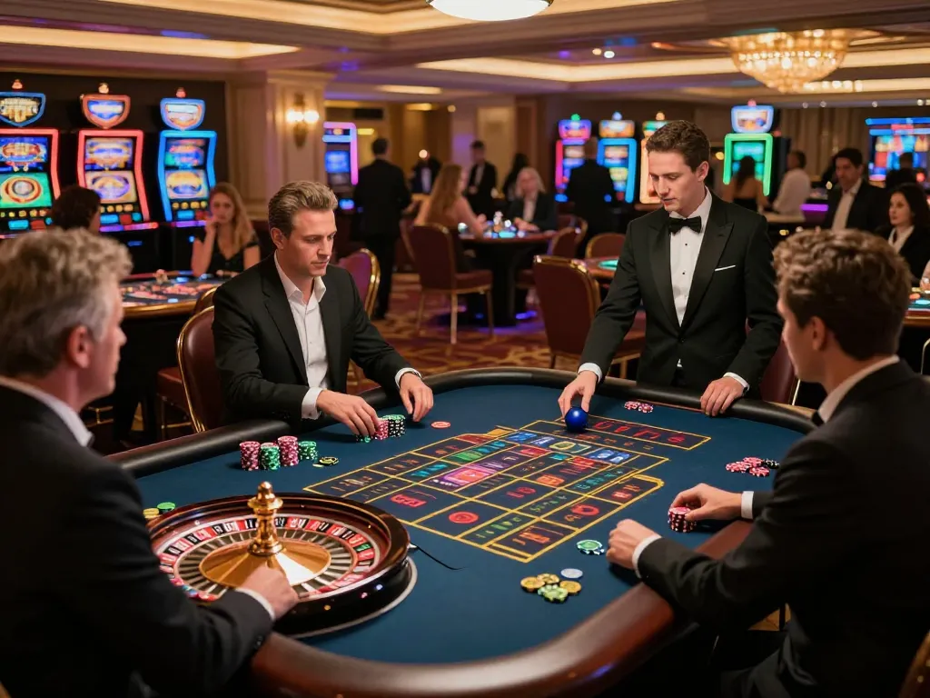 A dynamic scene of Agen Casino Online gameplay with players engaged around a spinning roulette table.