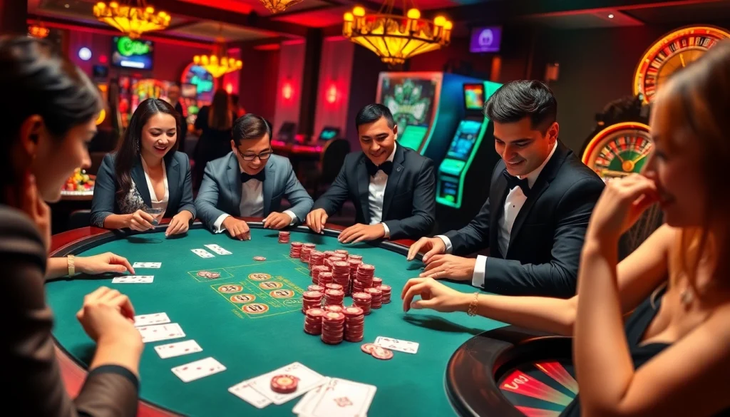 Engaging players at KJC poker table amidst a vibrant casino atmosphere.