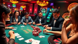 Engaging players at KJC poker table amidst a vibrant casino atmosphere.