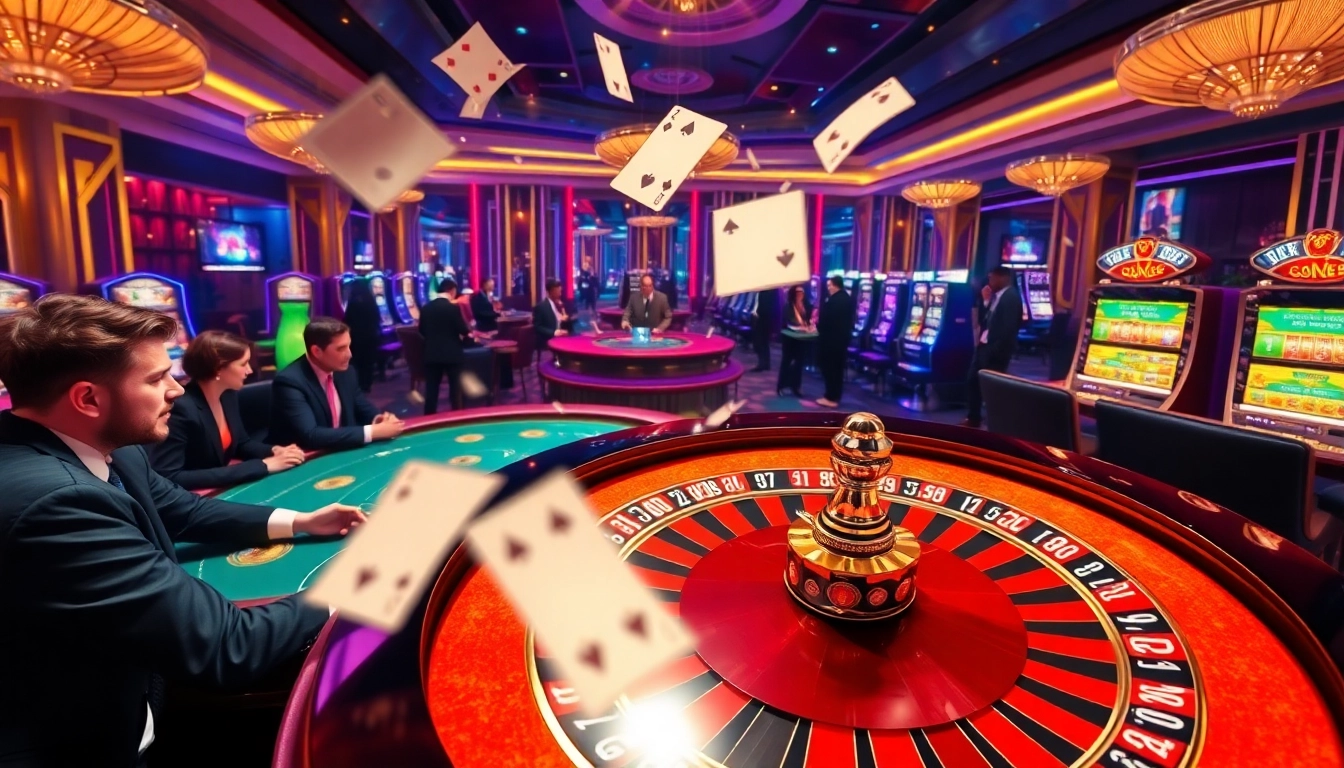 SIN88 casino scene showcasing players enjoying roulette, poker, and slot machines in an exciting environment.