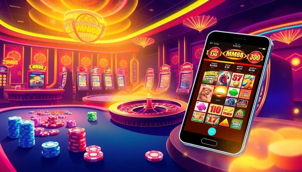 MM88 app interface displayed with poker chips and roulette wheel in a vibrant casino setting